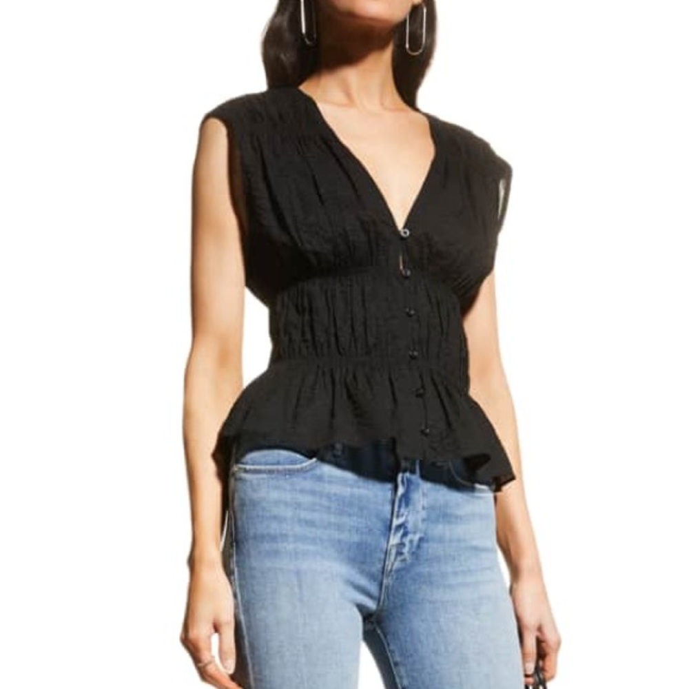 Frame Black Smocked Peplum Button-Front V Neck Shirt Women's Size M